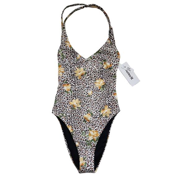 Hurley Black & Brown Leopard Print One-Piece Swimsuit Yellow Hibiscus Size XS - Picture 3 of 8